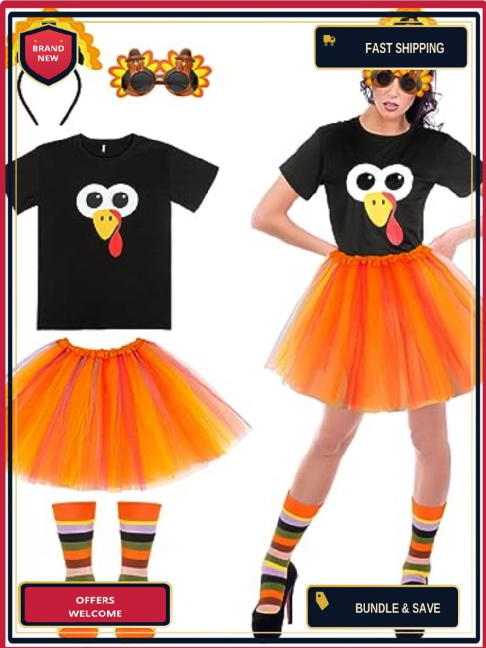 Thanksgiving Turkey Costume Set Women 5 Piece Tee Tutu Headband